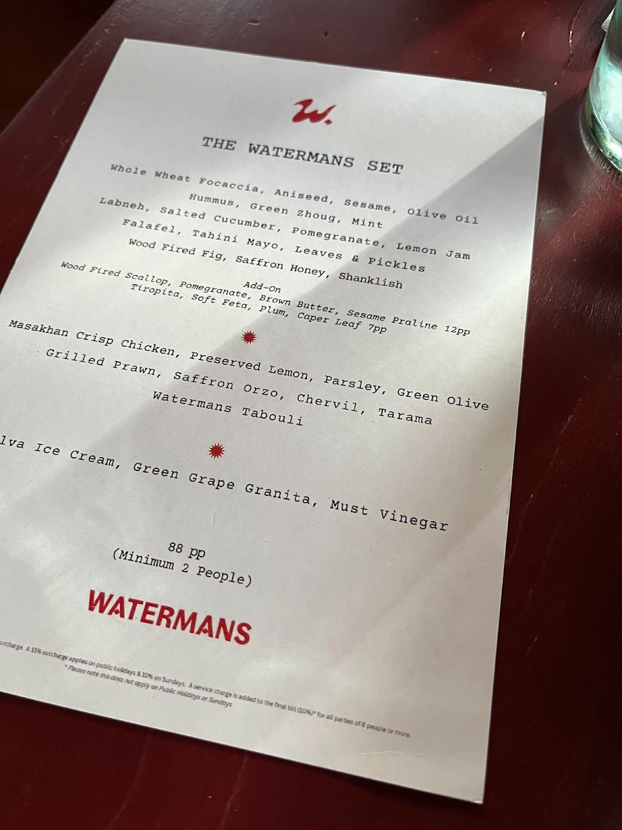 Menu, Watermans