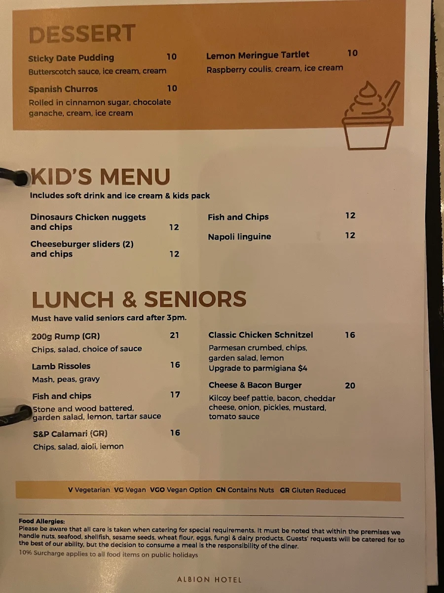 Menu, Albion Hotel