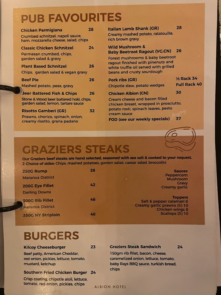 Menu, Albion Hotel