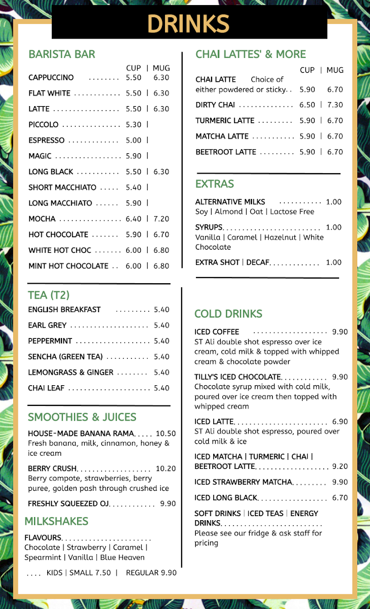 Menu, Tilly Divine Cafe | Kitchen & Bar
