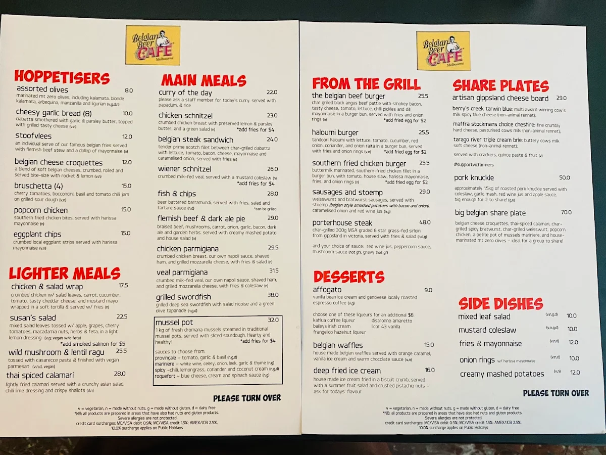 Menu, Belgian Beer Cafe
