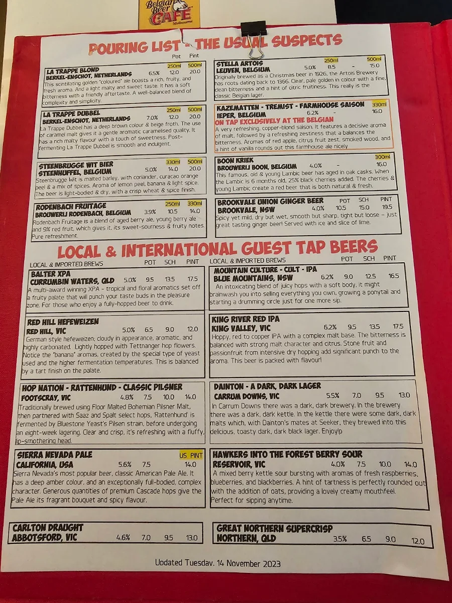 Menu, Belgian Beer Cafe
