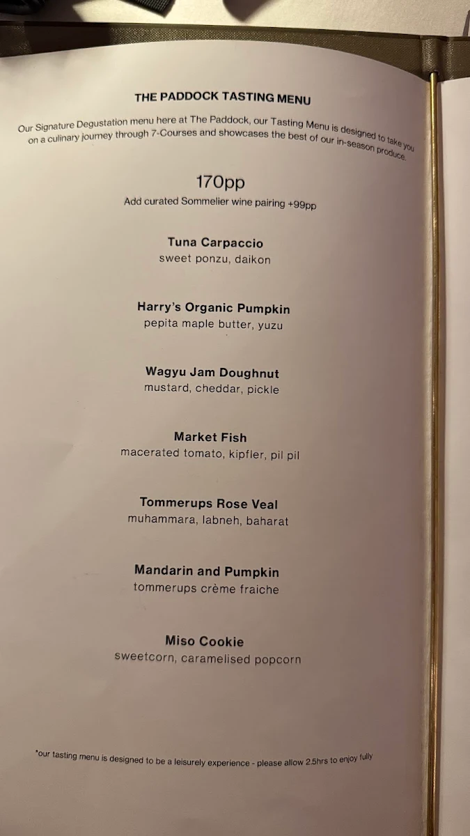 Menu, The Paddock Restaurant