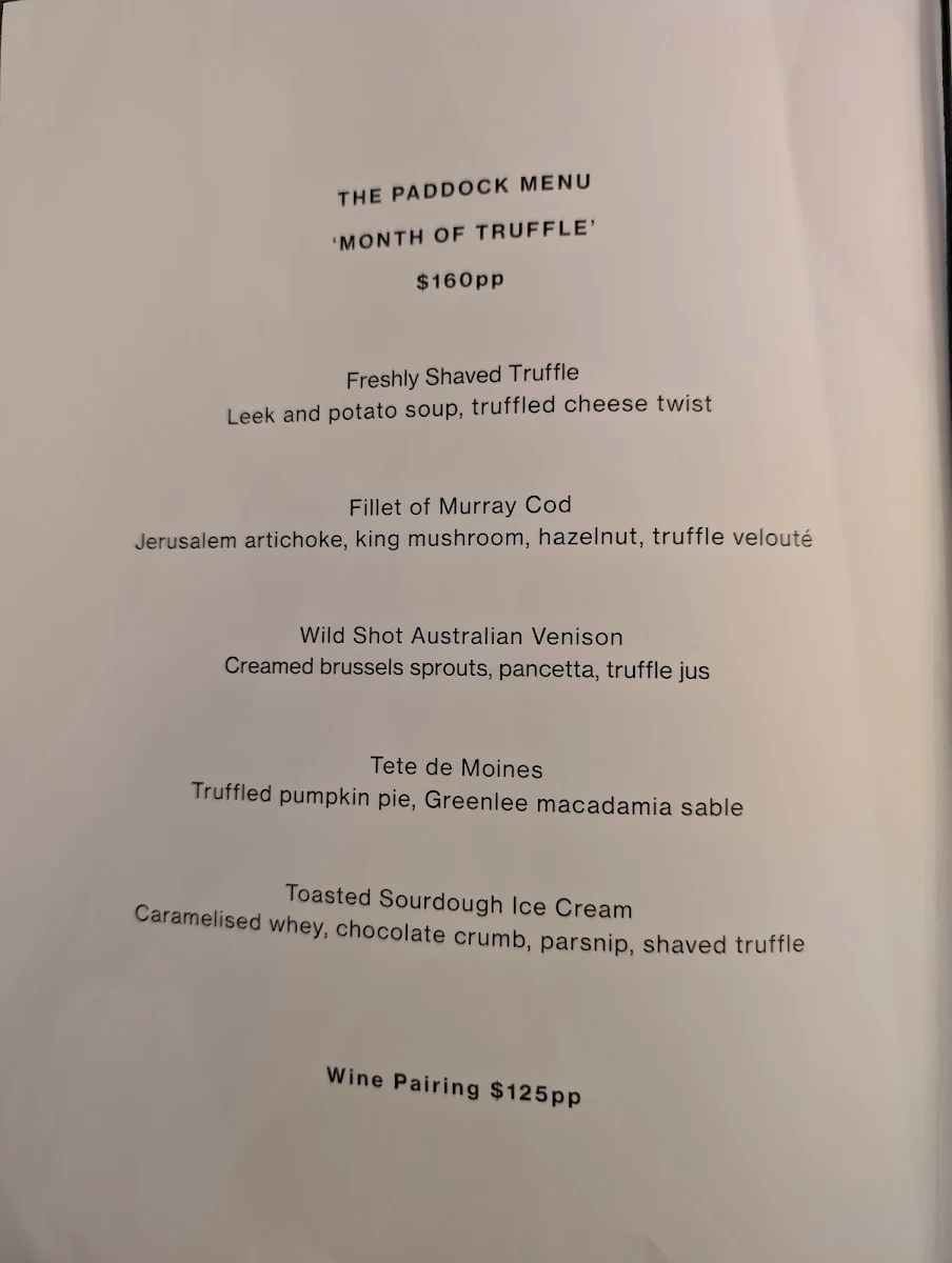 Menu, The Paddock Restaurant