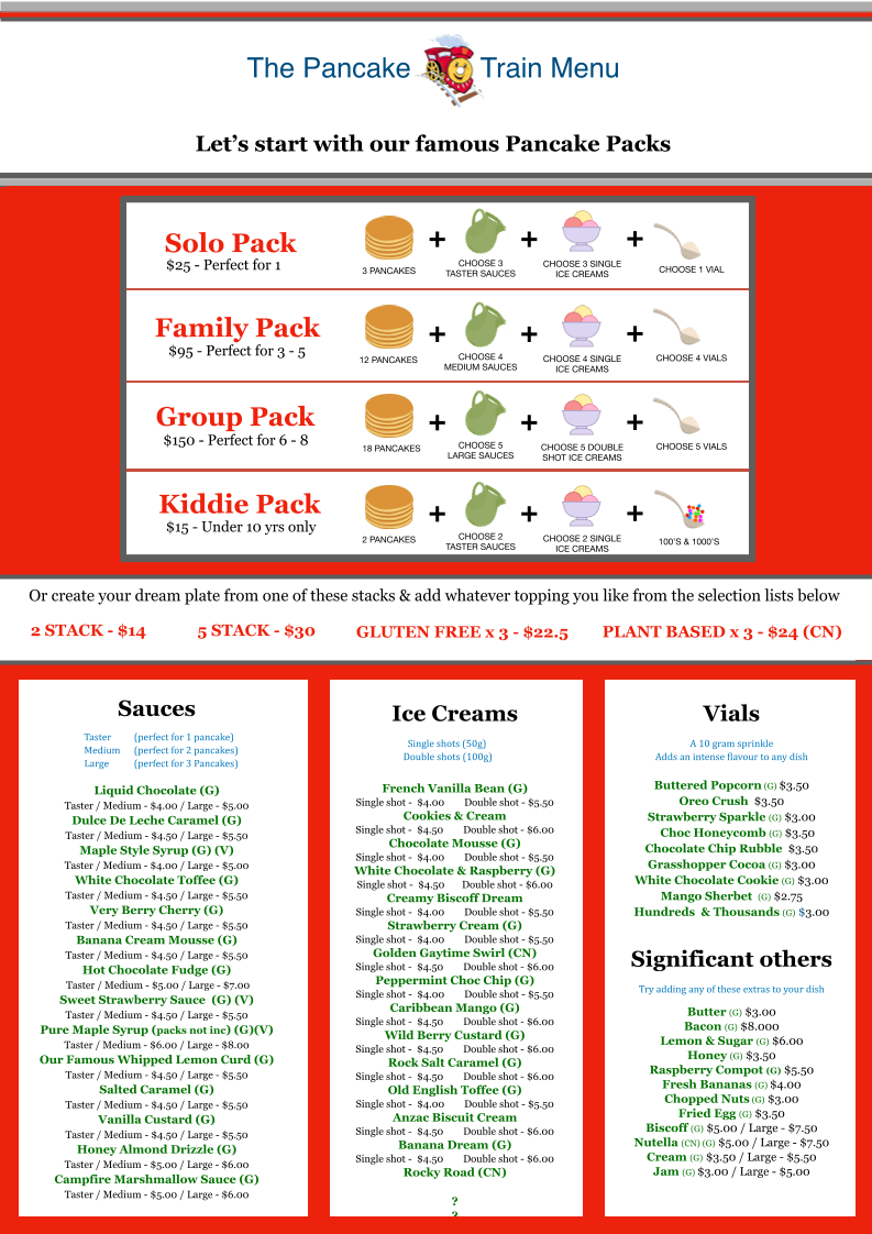 Menu, The Pancake Train - Braeside VIC