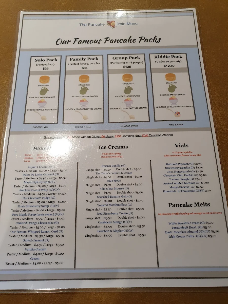 Menu, The Pancake Train - Braeside VIC