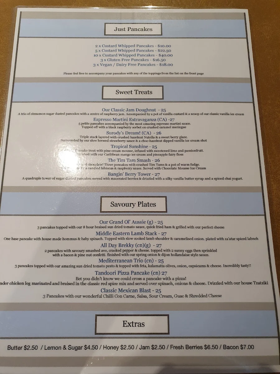 Menu, The Pancake Train - Braeside VIC