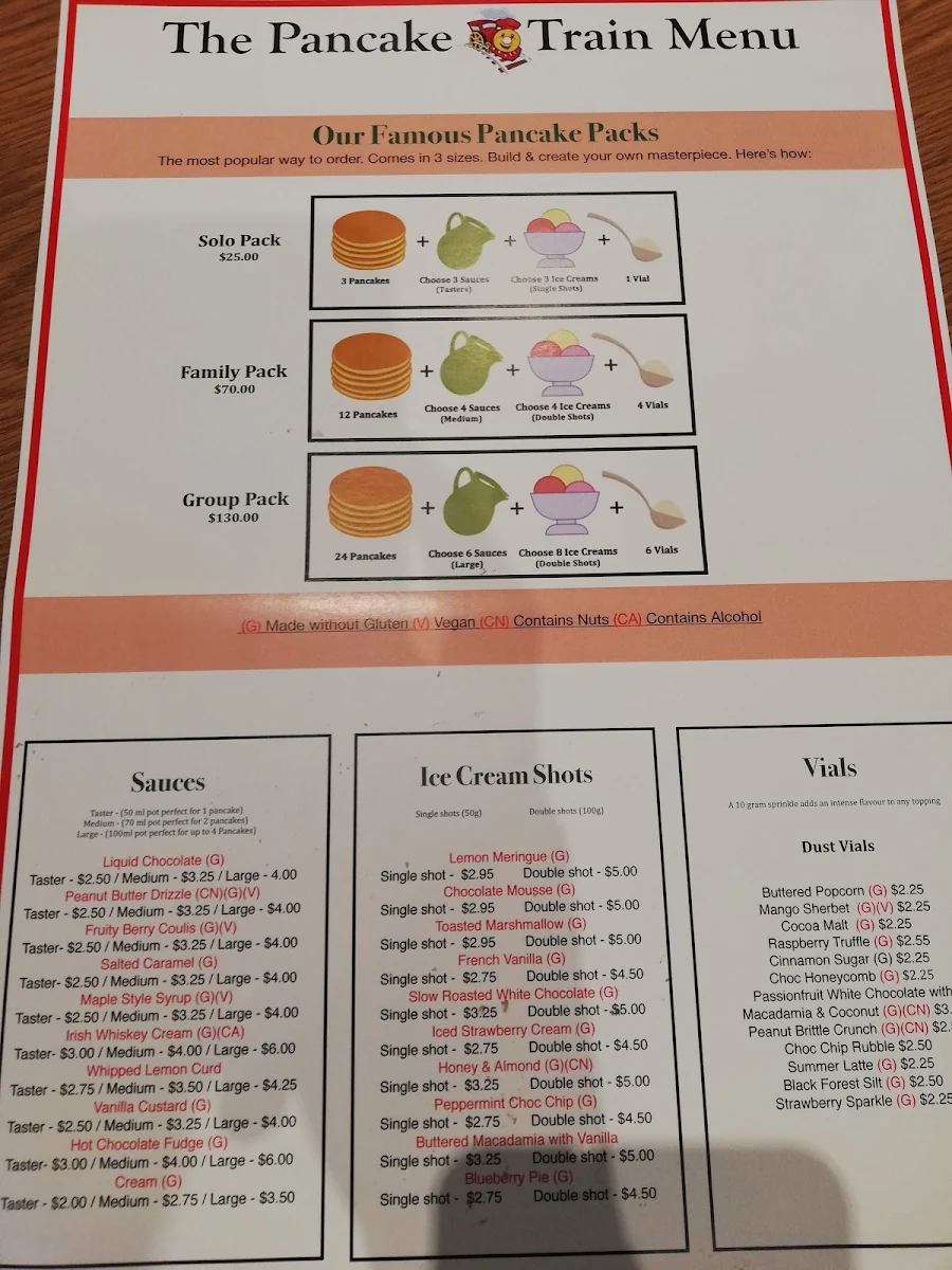 Menu, The Pancake Train - Braeside VIC
