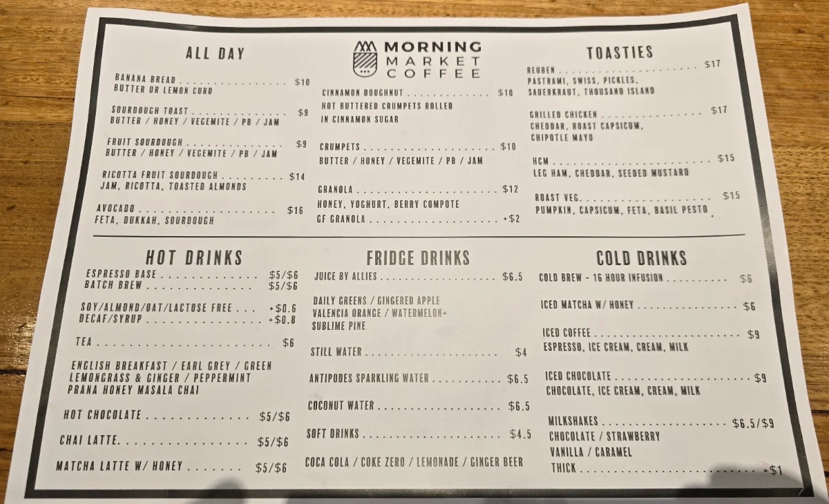 Menu, Morning Market Coffee - Warners Bay