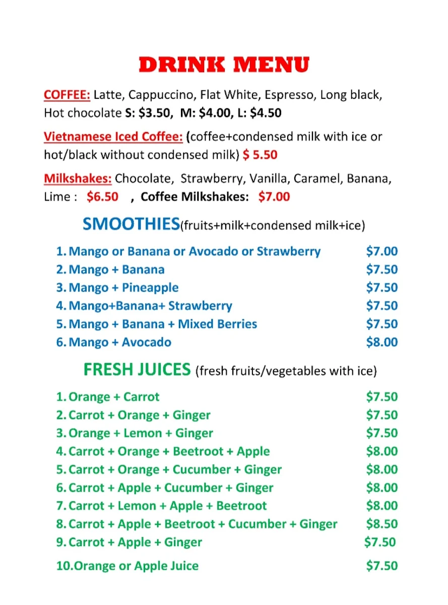 Menu, Mister Truong's