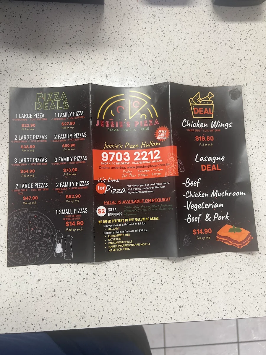 Menu, Jessie's Pizza