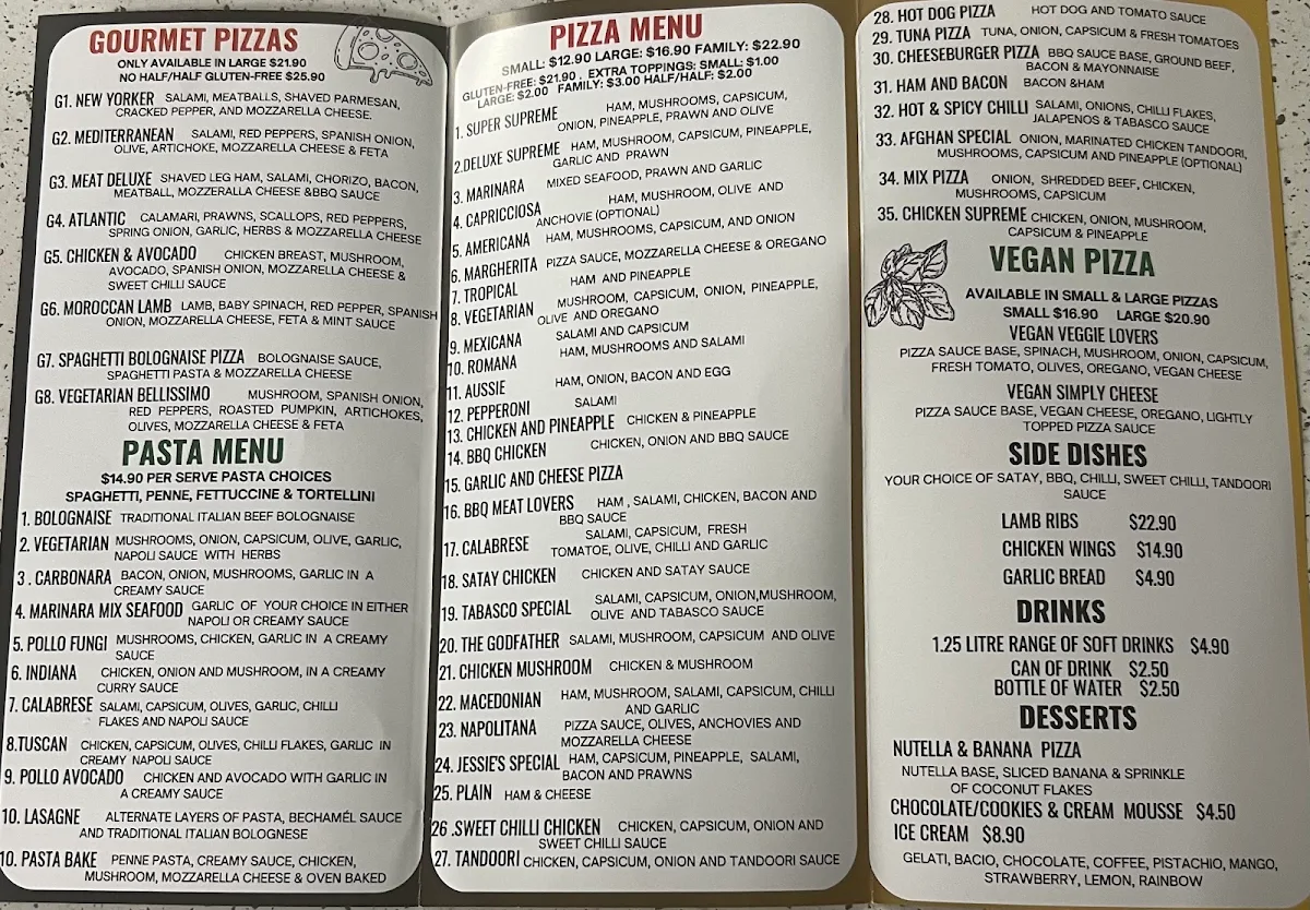 Menu, Jessie's Pizza