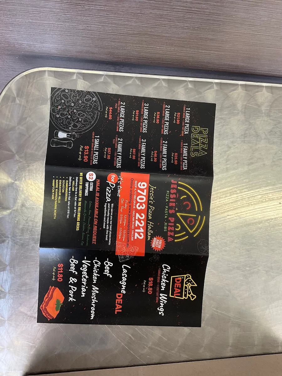 Menu, Jessie's Pizza