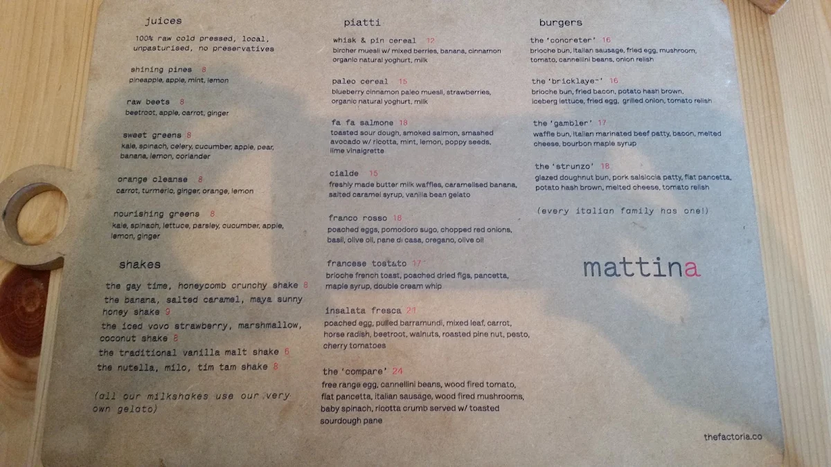 Menu, The Factoria