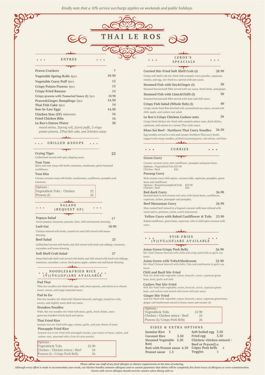 Menu, Thai Le Ros Restaurant