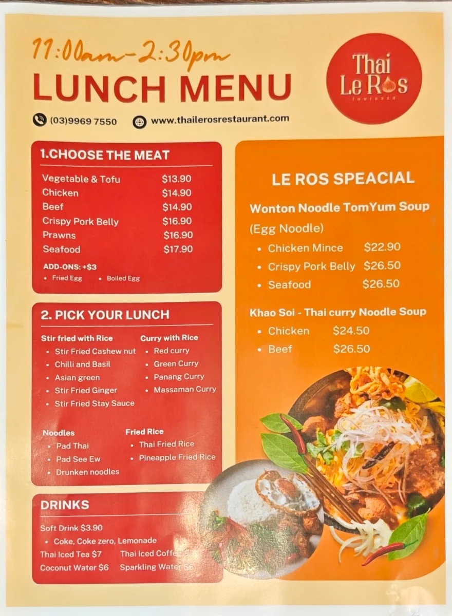 Menu, Thai Le Ros Restaurant