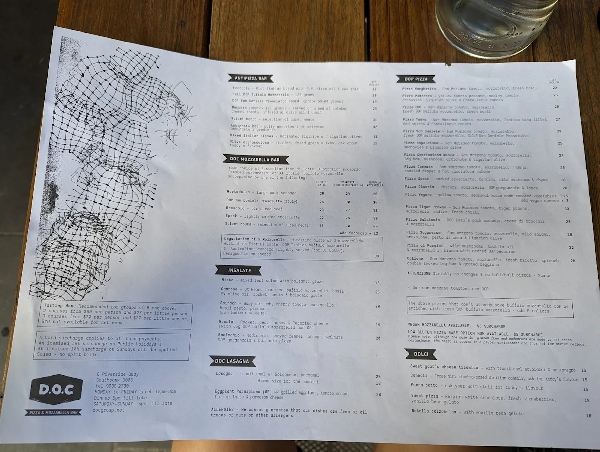 Menu, DOC Pizza & Mozzarella Bar - Southbank