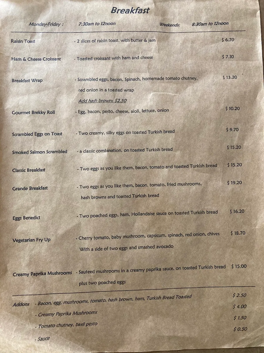 Menu, Crafers Bean Cafe