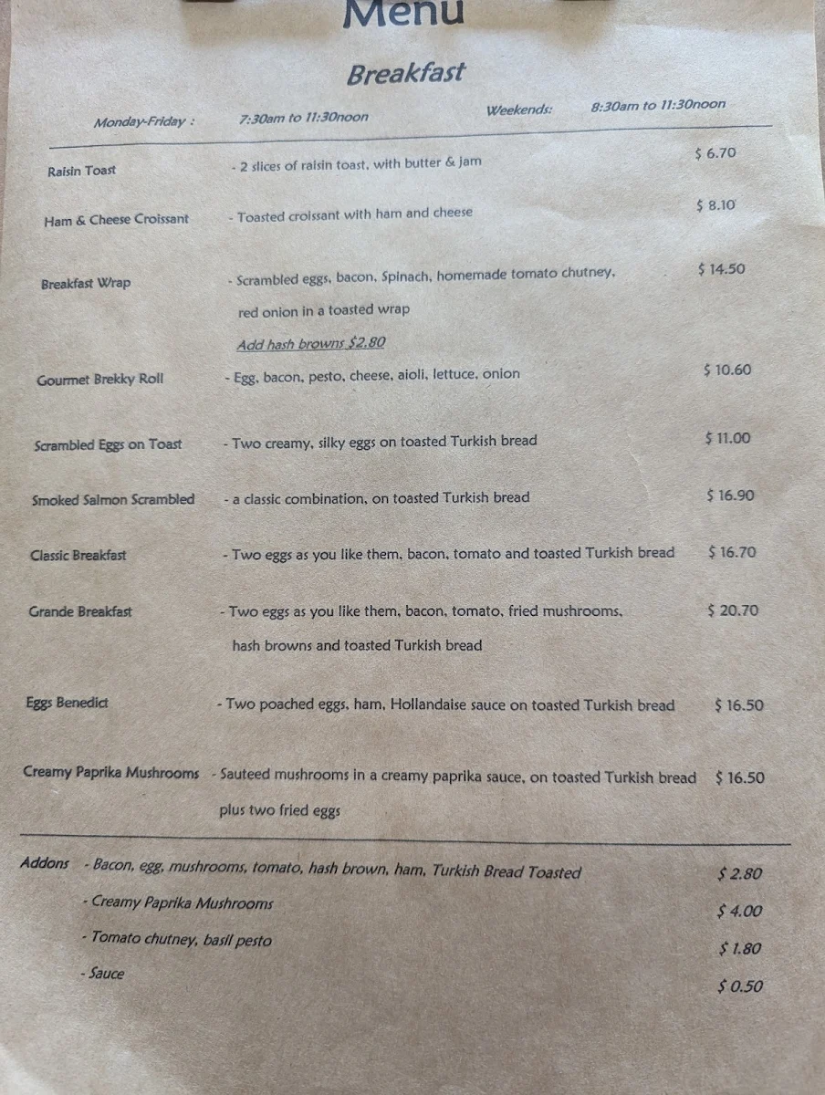 Menu, Crafers Bean Cafe