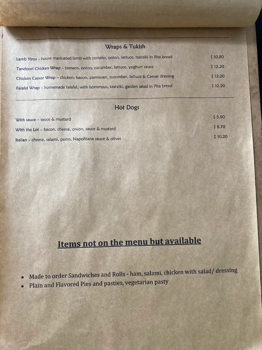 Menu, Crafers Bean Cafe