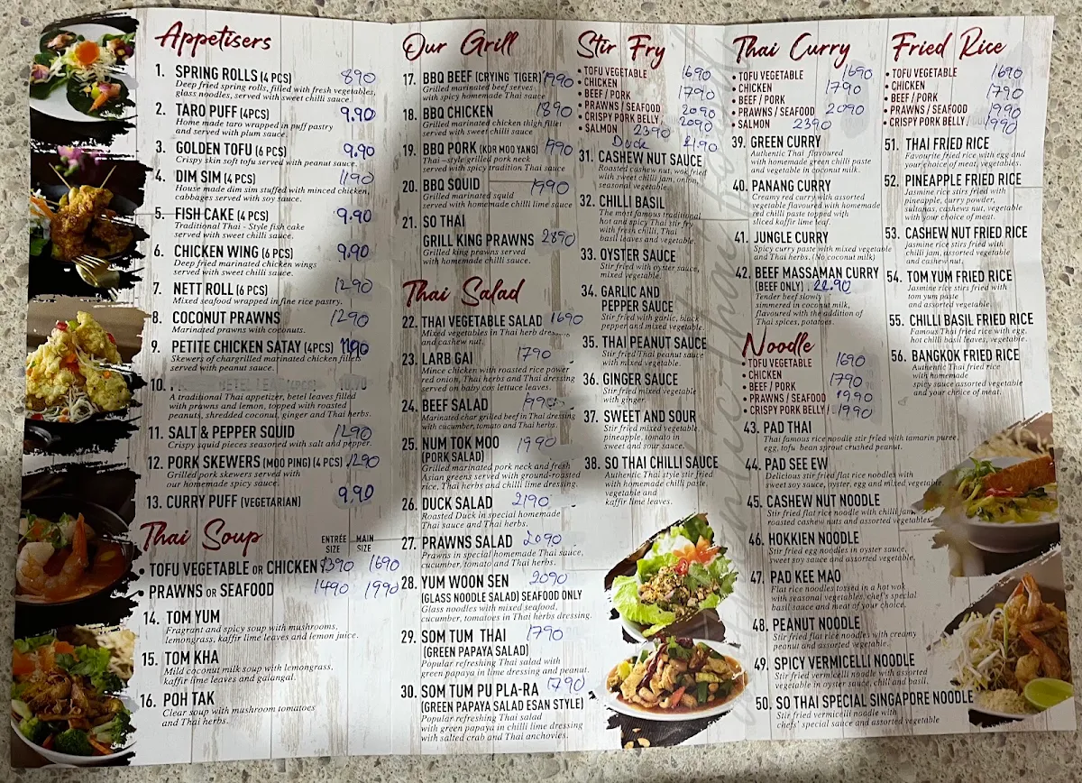 Menu, So Thai Restaurant