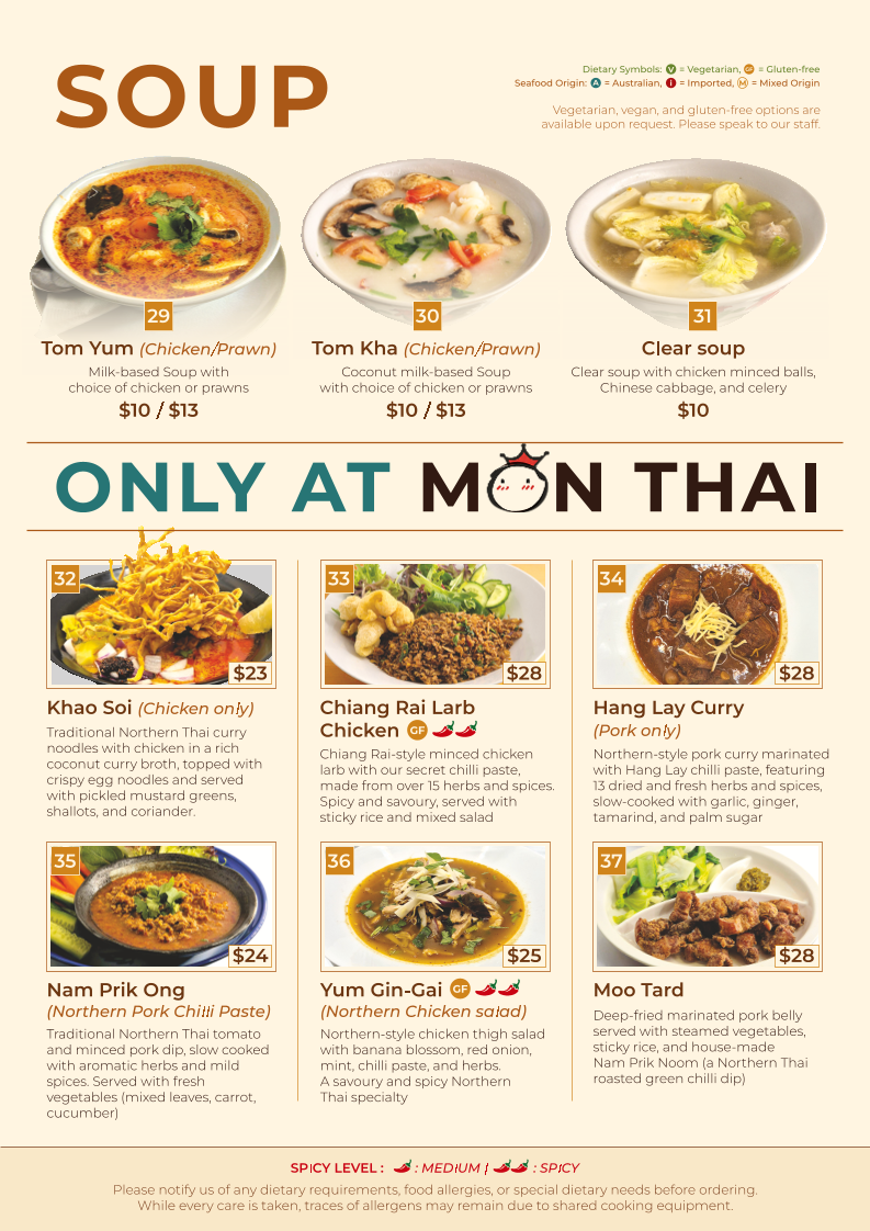 Menu, Mon Thai Eatery