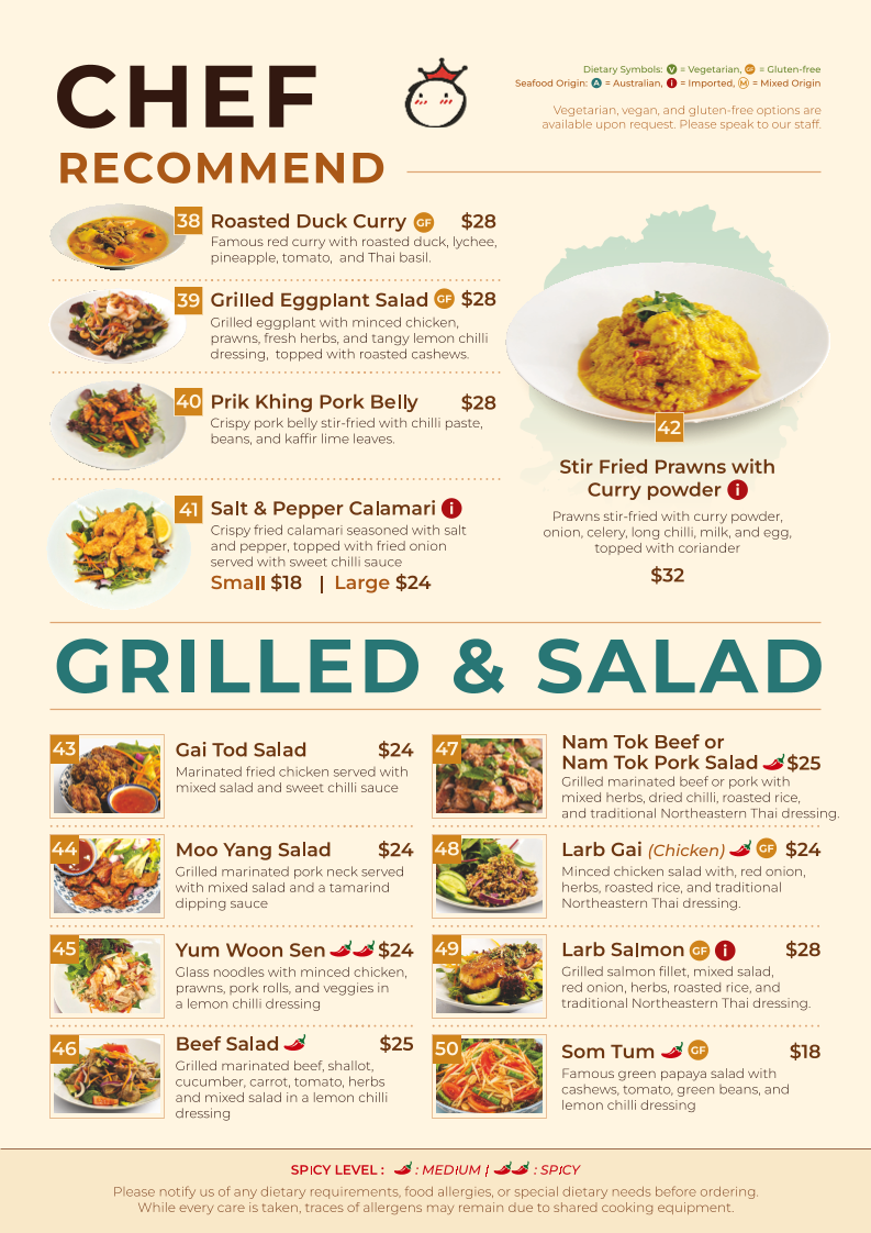 Menu, Mon Thai Eatery