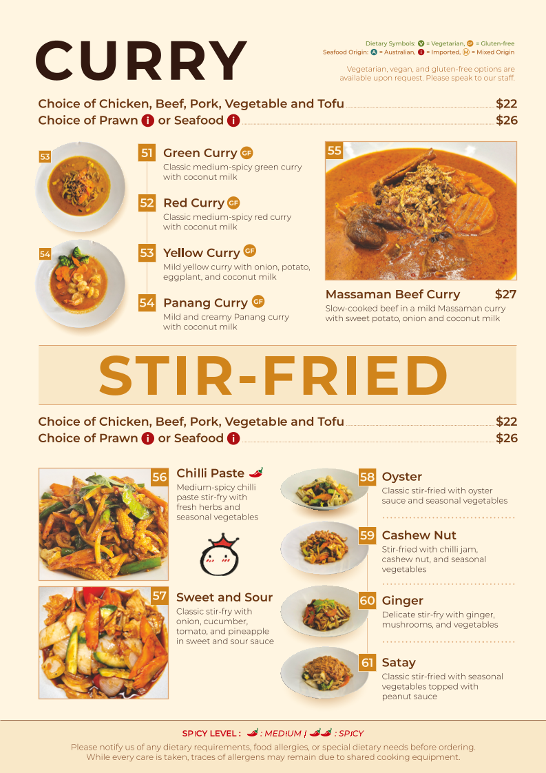 Menu, Mon Thai Eatery