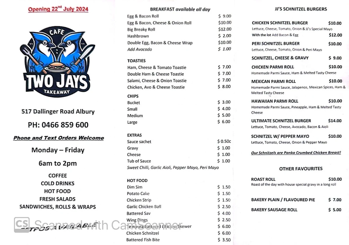 Menu, Two Jays Takeaway