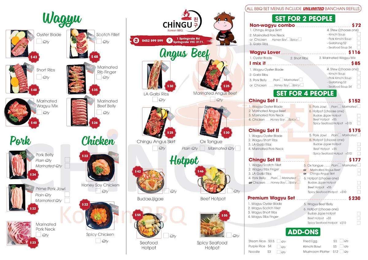 Menu, Chingu Korean BBQ Springvale