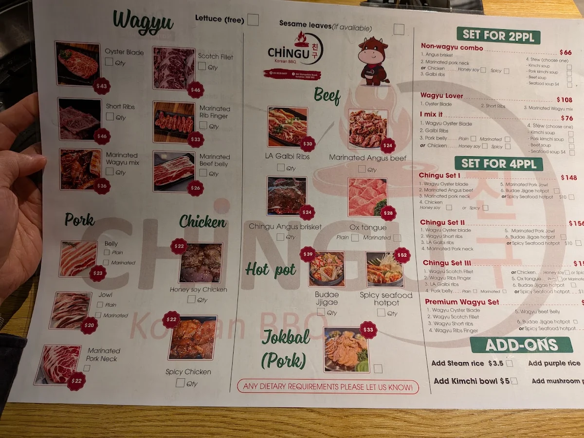 Menu, Chingu Korean BBQ Springvale