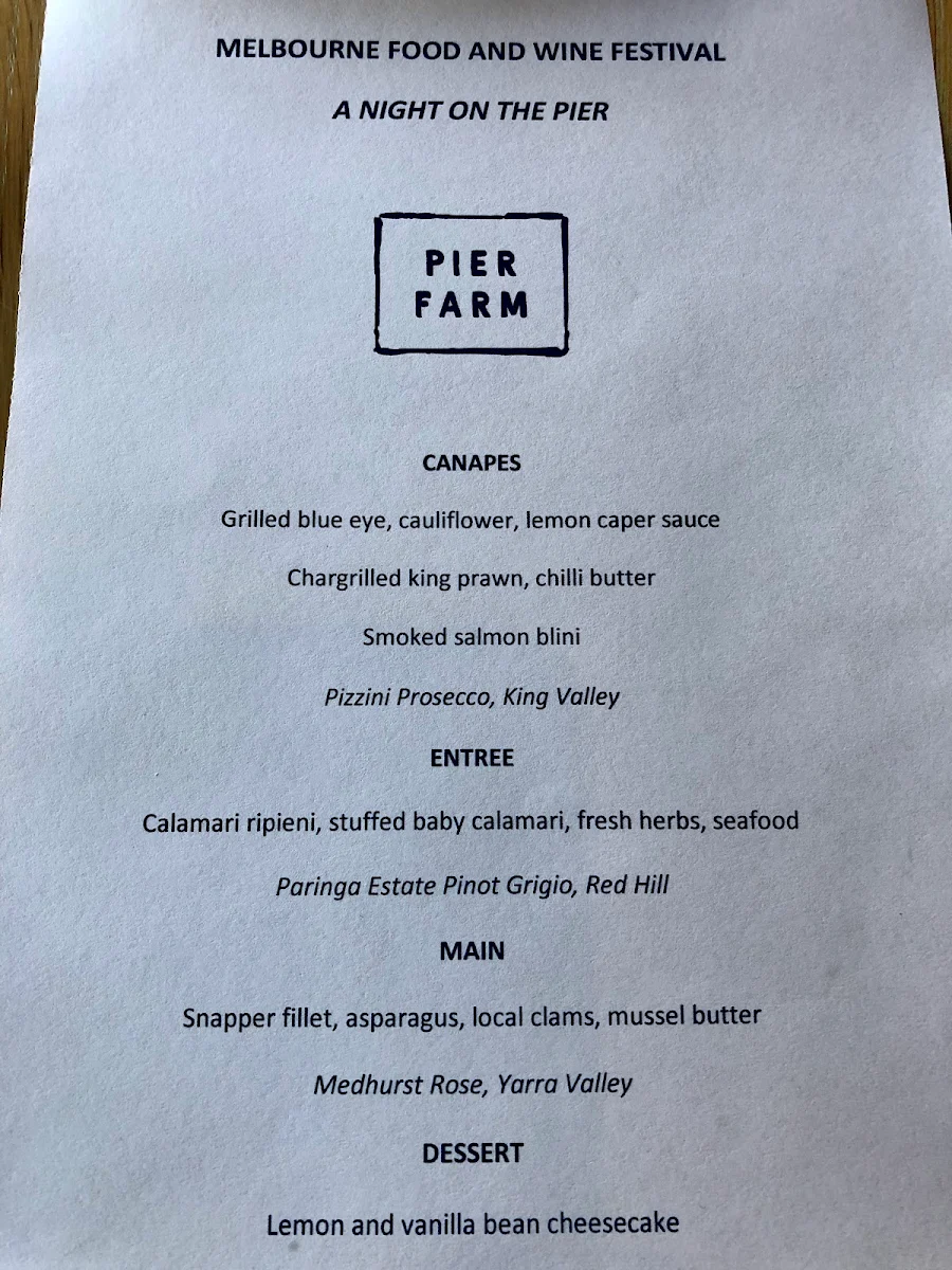 Menu, Pier Farm