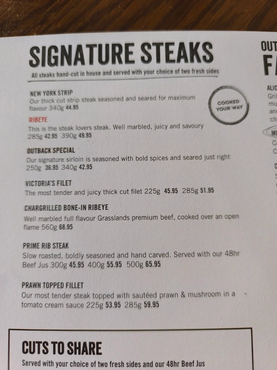 Menu, Outback Steakhouse Aspley