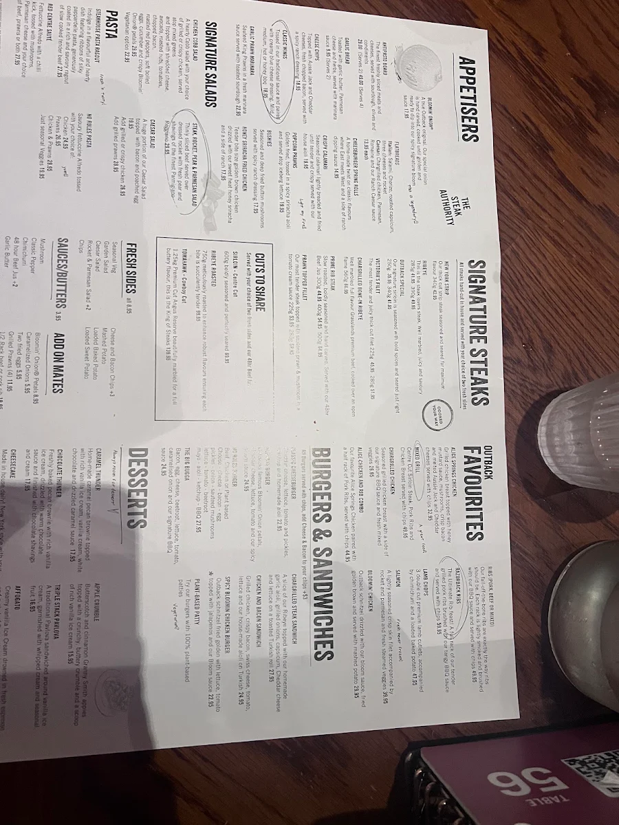 Menu, Outback Steakhouse Aspley