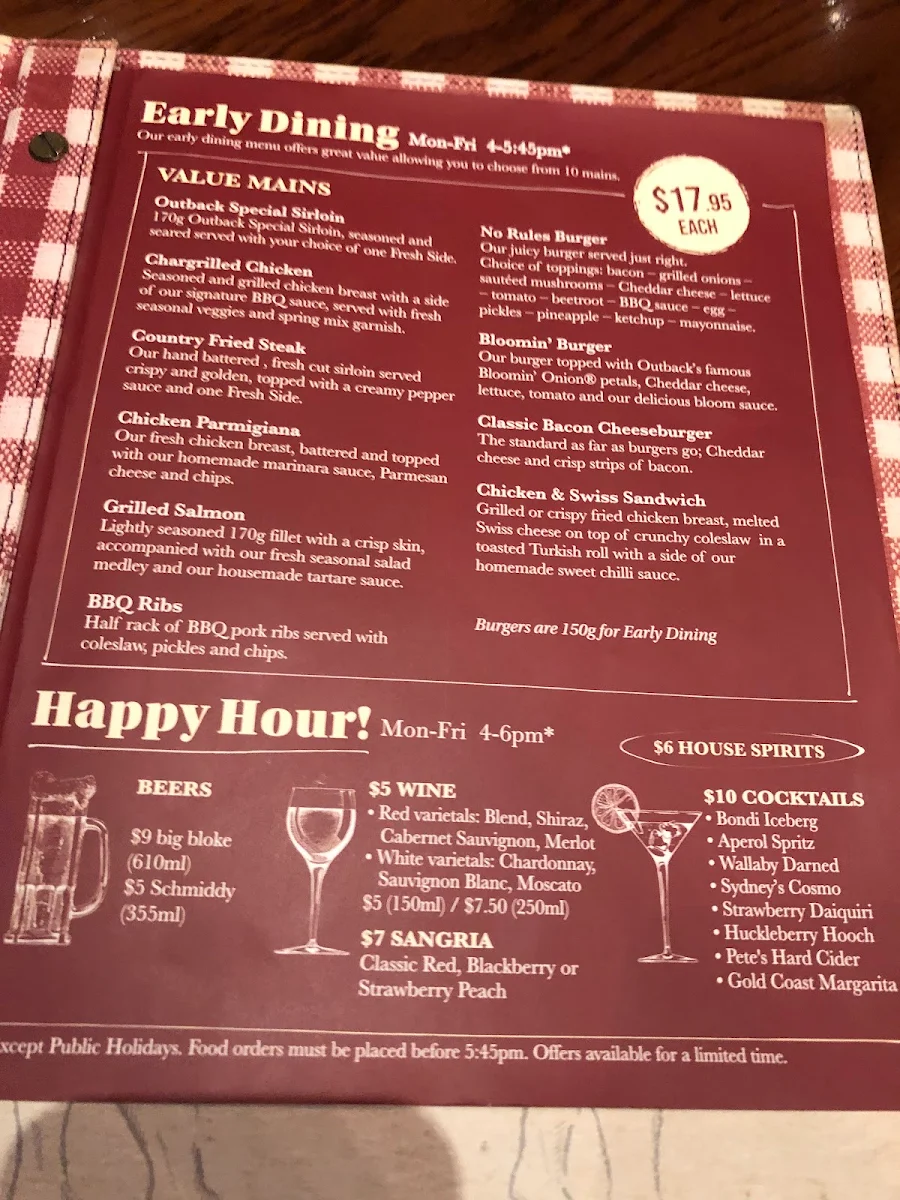 Menu, Outback Steakhouse Aspley
