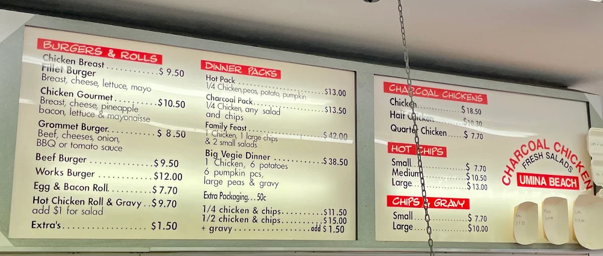 Menu, Umina Charcoal Chicken
