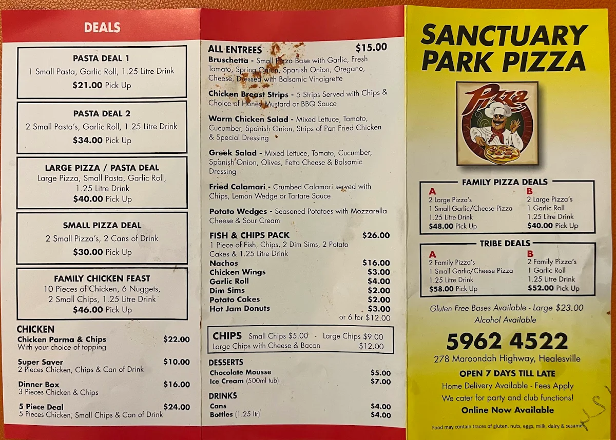 Menu, Sanctuary Park Pizza Restaurant