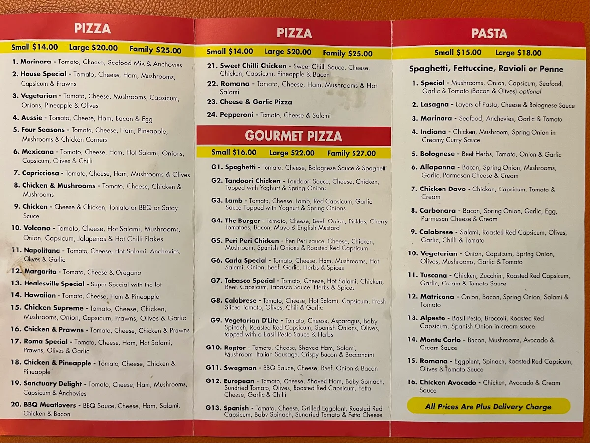 Menu, Sanctuary Park Pizza Restaurant