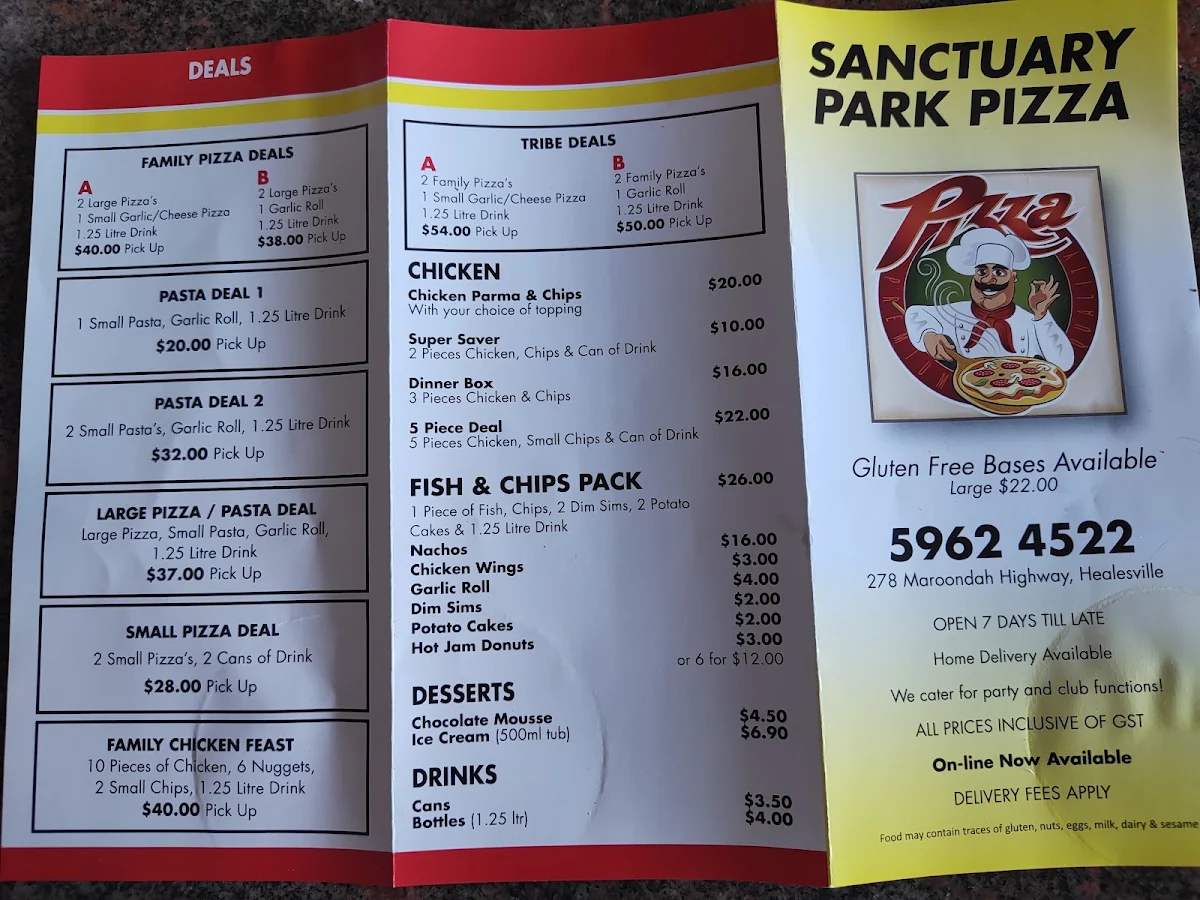 Menu, Sanctuary Park Pizza Restaurant