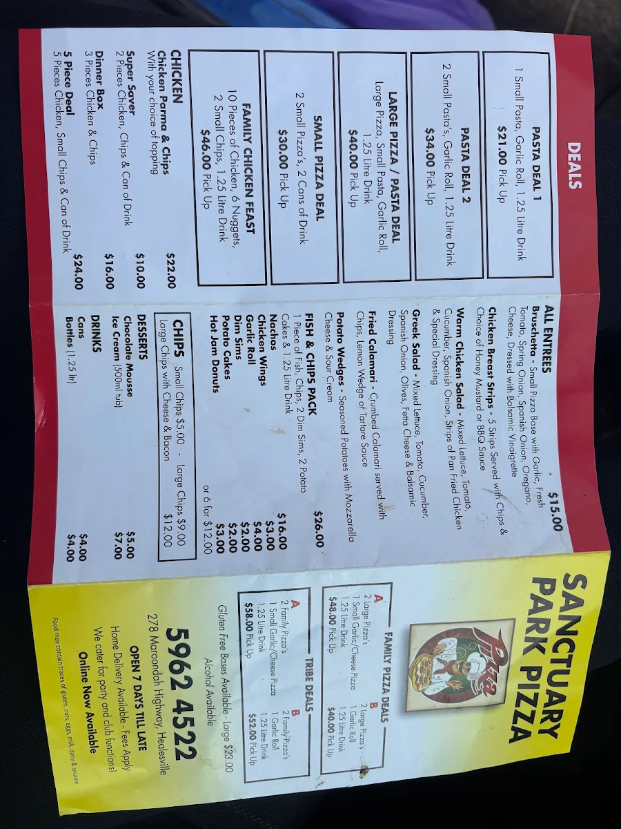 Menu, Sanctuary Park Pizza Restaurant