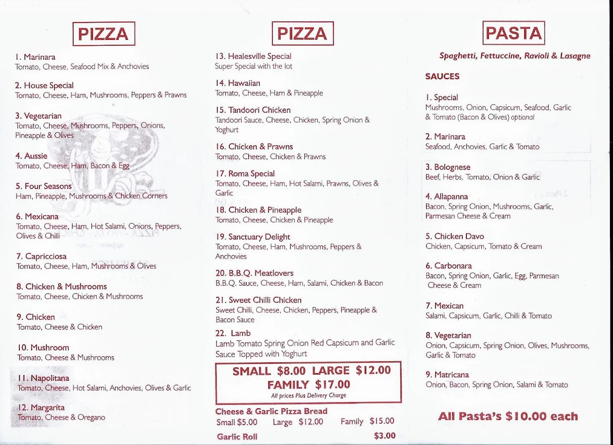 Menu, Sanctuary Park Pizza Restaurant