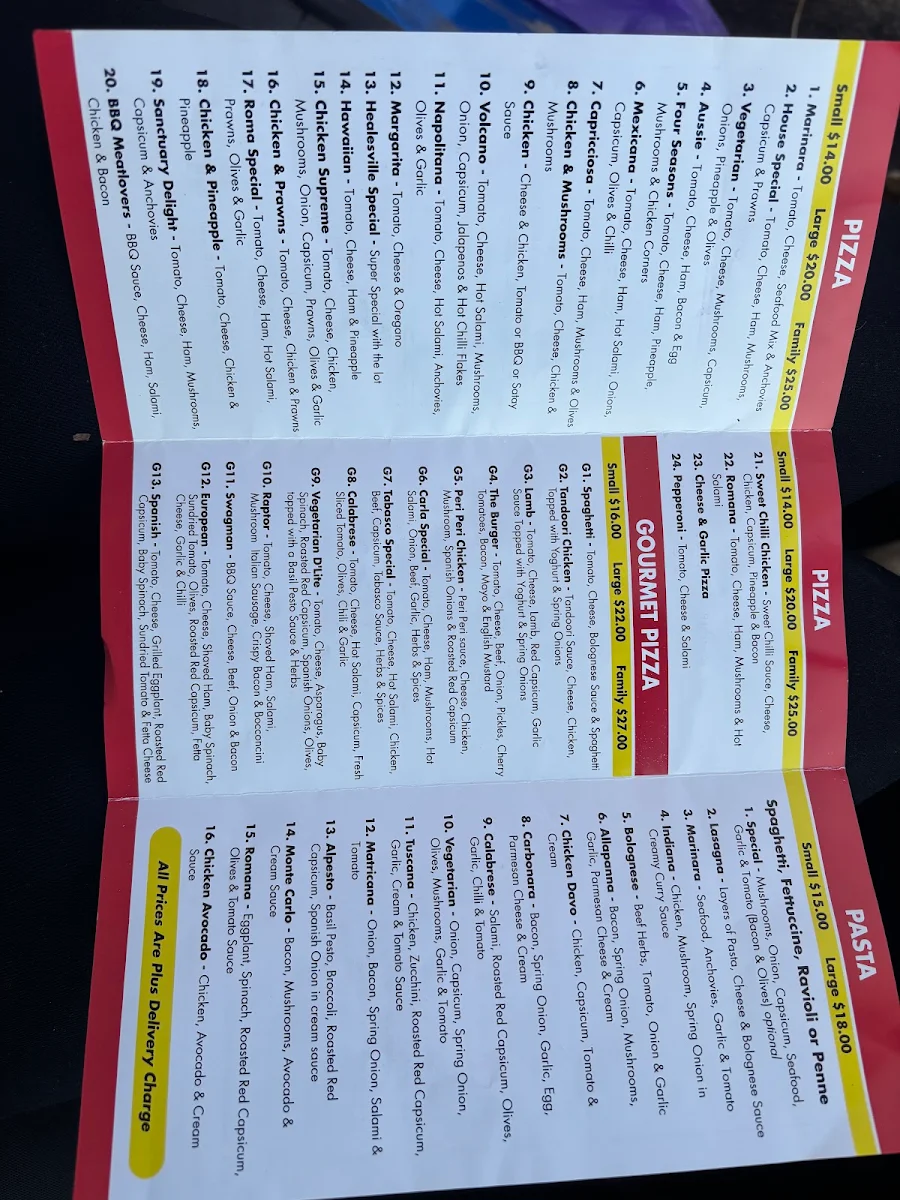 Menu, Sanctuary Park Pizza Restaurant
