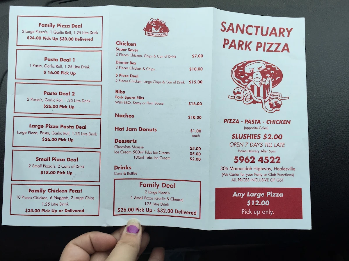 Menu, Sanctuary Park Pizza Restaurant