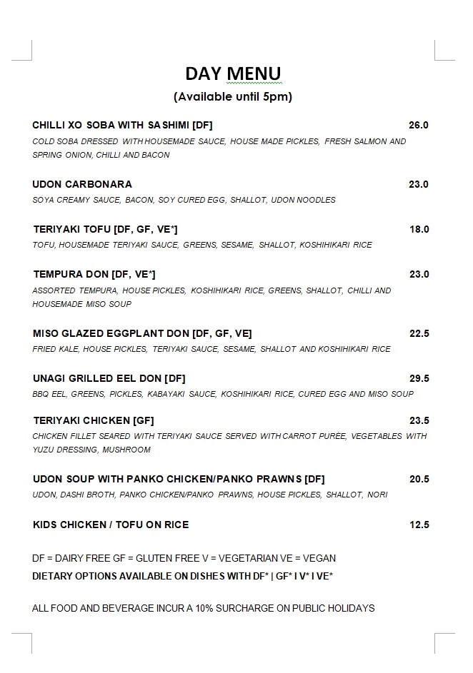 Menu, Tokyo Canteen