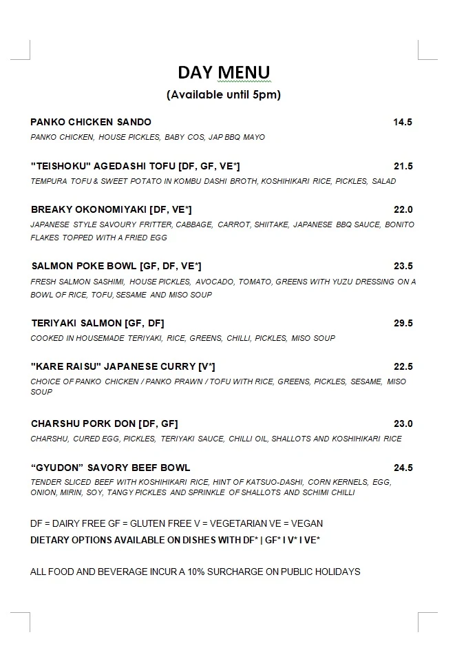 Menu, Tokyo Canteen