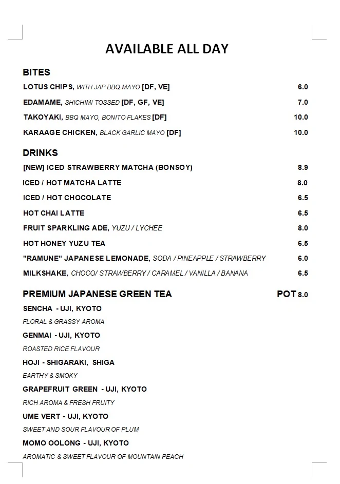 Menu, Tokyo Canteen