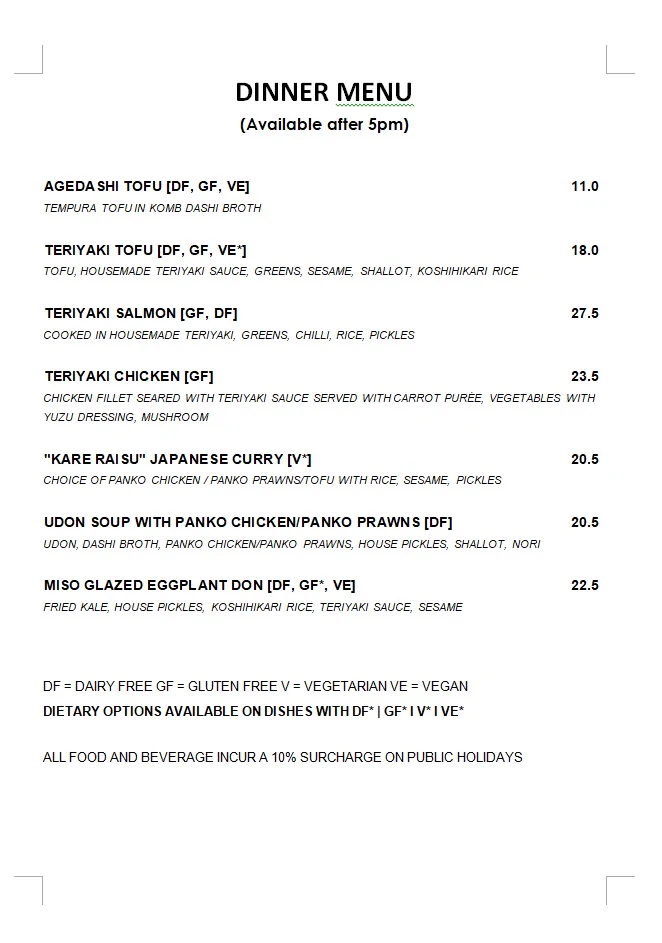 Menu, Tokyo Canteen