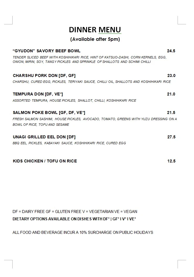 Menu, Tokyo Canteen