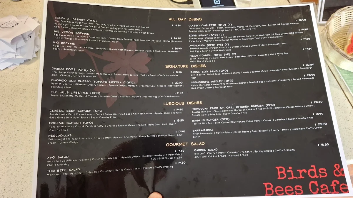 Menu, Birds & Bees Café / Bar