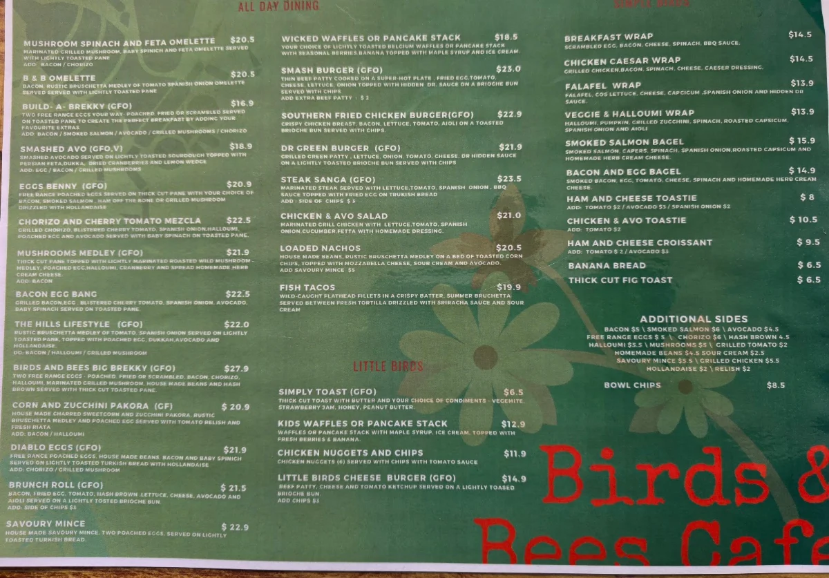 Menu, Birds & Bees Café / Bar